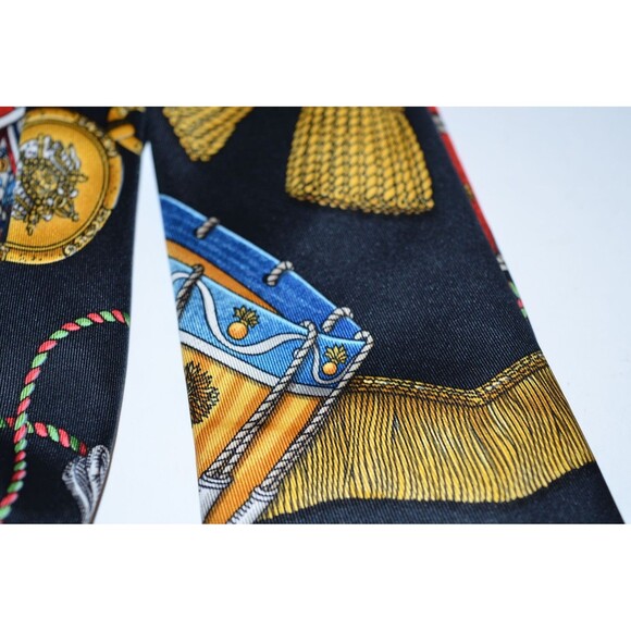 Vtg Hermes Les Tambours Black Gold drums tassels Tie 100% Silk Made in France - Picture 4 of 10
